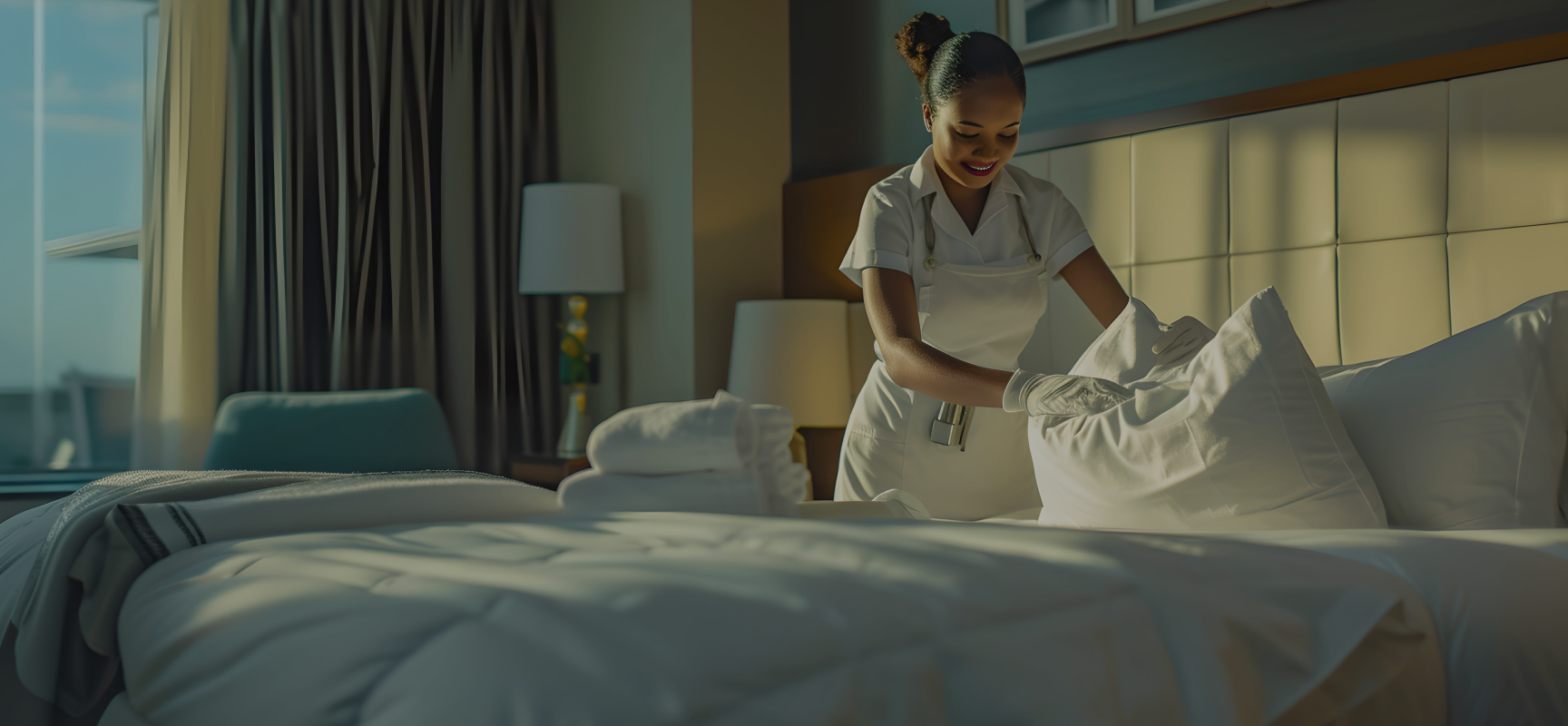 A woman performing bedroom cleaning