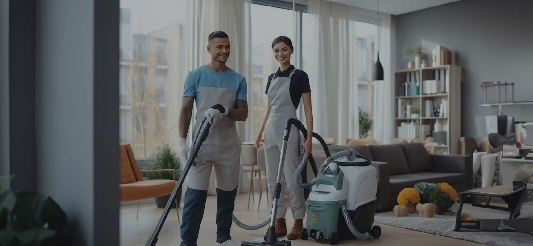 A man and woman working together to clean a living room, dusting surfaces and organizing furniture